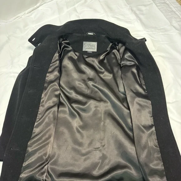 Mackage Wool Cashmere Coat Black Leather Trim Removable Collar Hood Size L - Picture 13 of 15